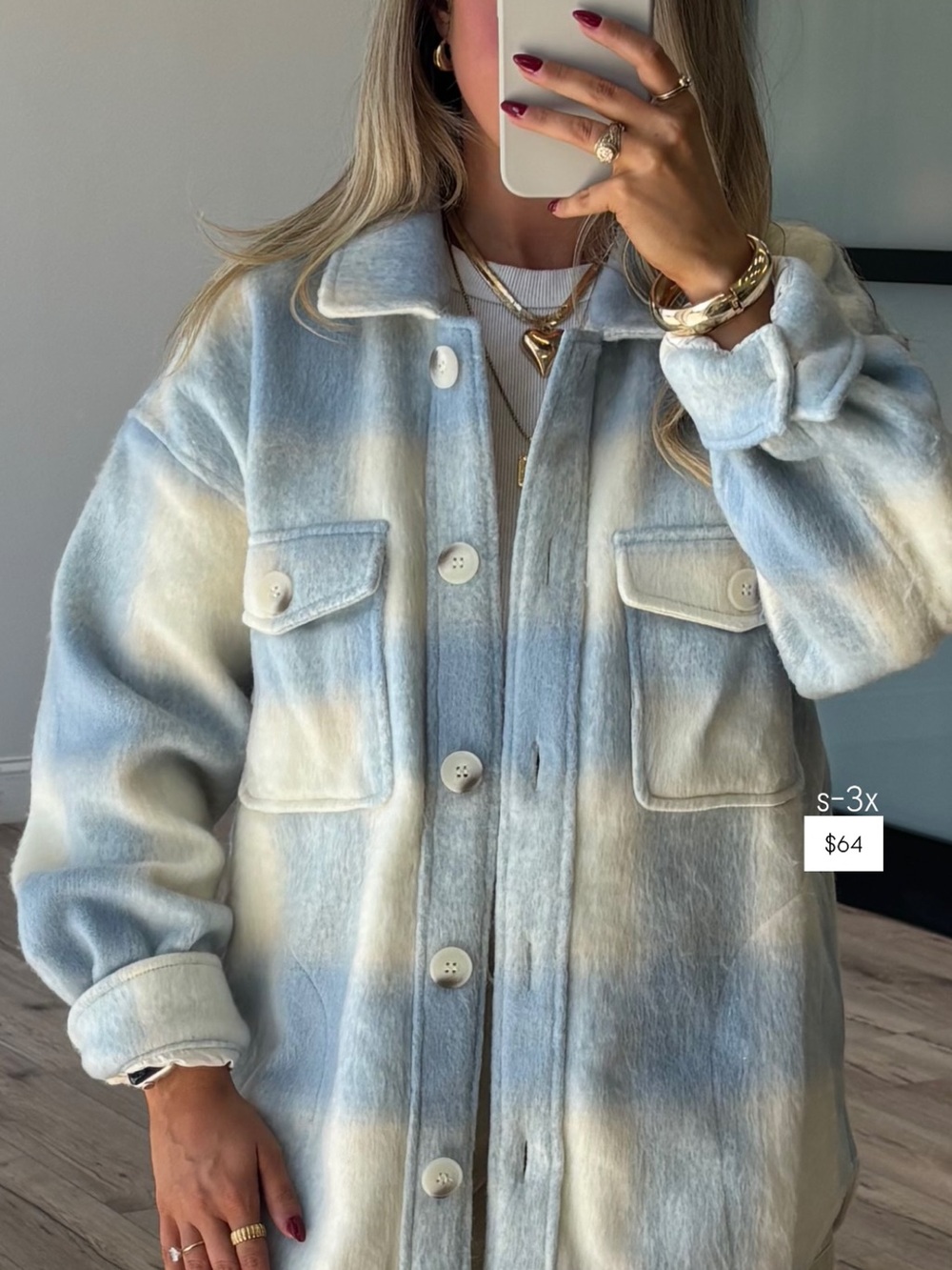 Checked Light Blue & Cream Teddy Jacket with Button Front